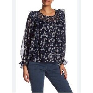 Lucky Brand $89 Sheer Printed Tassel-Detail Top Floral Blue Size 1X